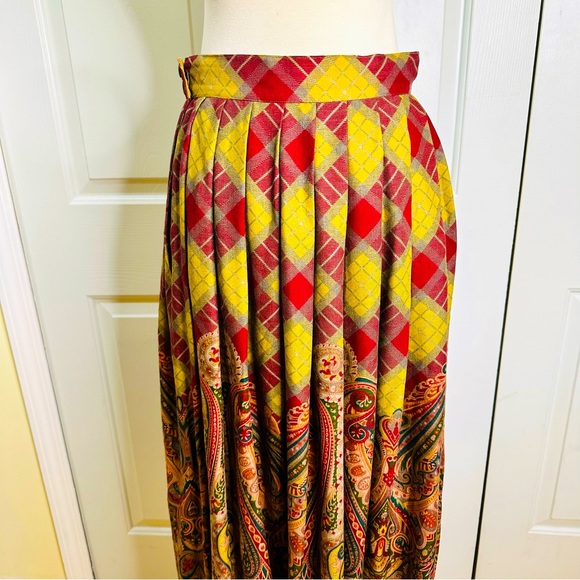 Vintage ‘80s Ralph Lauren Paisley Pleats Fringes Wool Silk Slip Pockets Size 8 - Picture 8 of 16